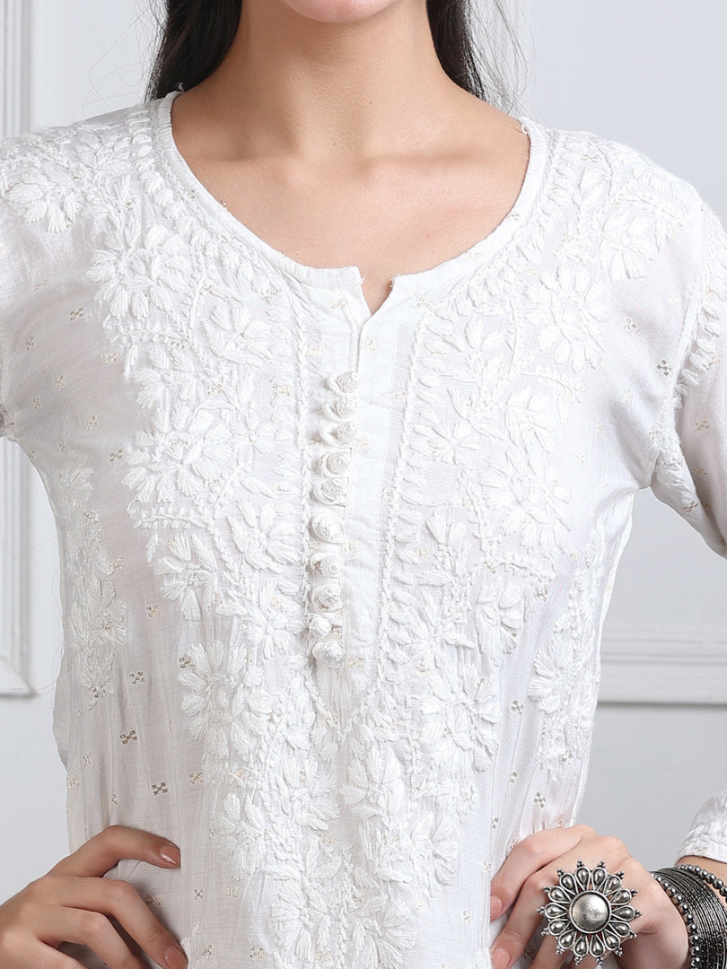 Sona Chanderi Chikan Kurti Set