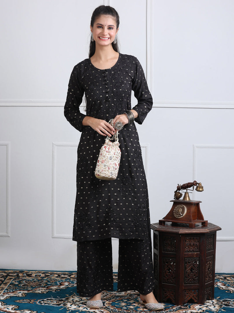 Sona Chanderi Chikan Kurti Set Black