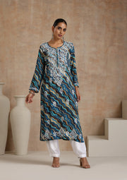 Dhani Rayon Lahariya Chikankari Kurti Blue