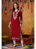 Load image into Gallery viewer, Sadiya Duel Thread Rayon Chikankari Kurti Maroon