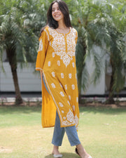 Najuk Modal Chikankari Straight Kurti Mustard-Yellow