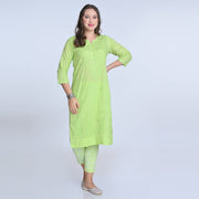 Isha Chrochet Dobby Chikankari Kurti Set Pastal-Green