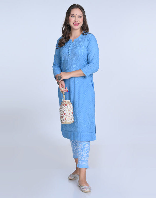 Isha Chrochet Dobby Chikankari Kurti Set Firozi-Blue