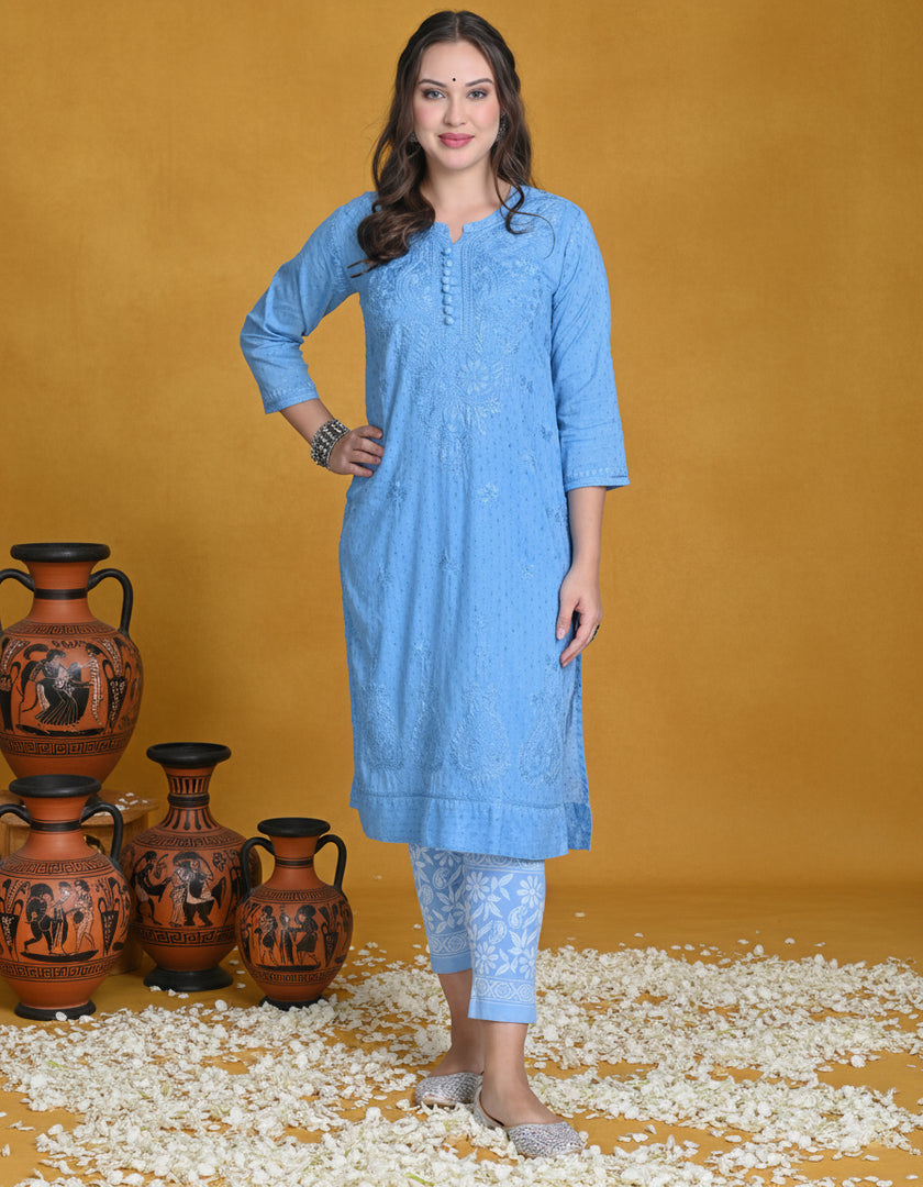 Isha Crochet Dobi Chikankari Co-Ord Set Light-Blue Dobby Cotton
