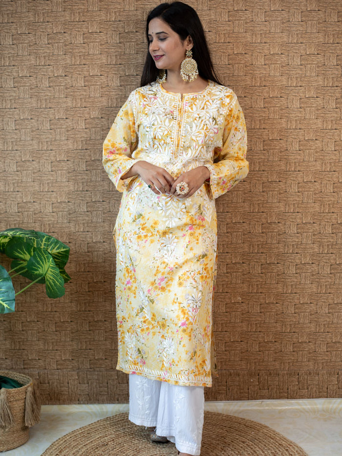 Sonu Kakkar Styled Mulmul Chikankari Kurta Yellow