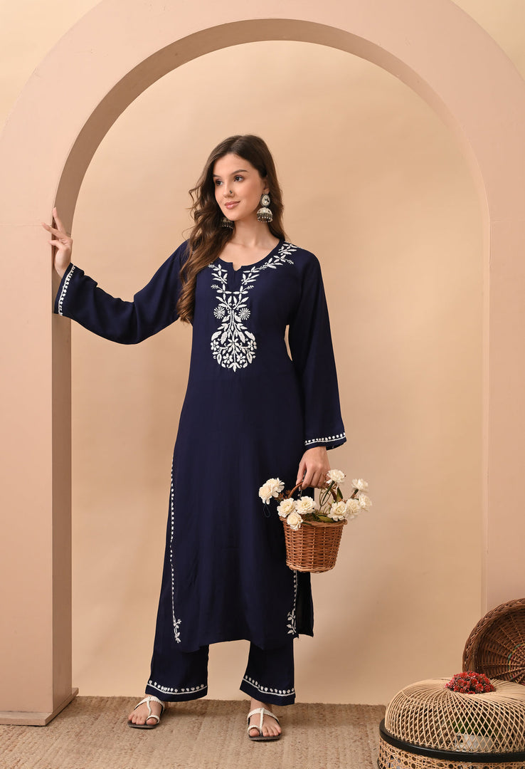 Daftar Rayon Chikankari Solid Women's 2 PC Long Kurta Set