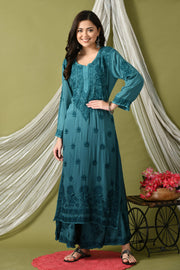 Morni Modal Chikankari Kurti Set Peacock-Green