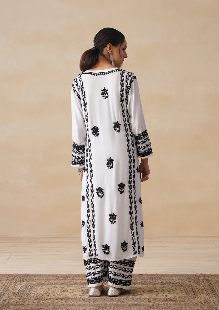 Soorma Rayon Black & White Kurti Set - The Lucknowi Chikan 