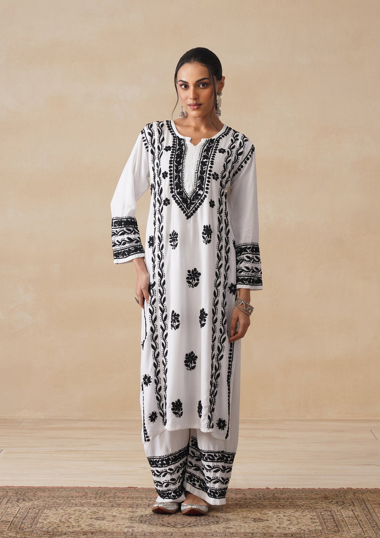 Soorma Rayon Black & White Kurti Set - The Lucknowi Chikan 