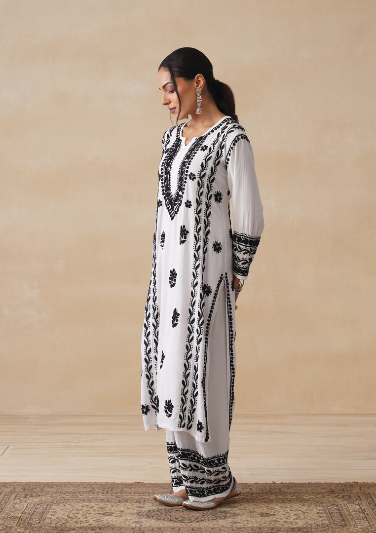 Soorma Rayon Black & White Kurti Set - The Lucknowi Chikan 