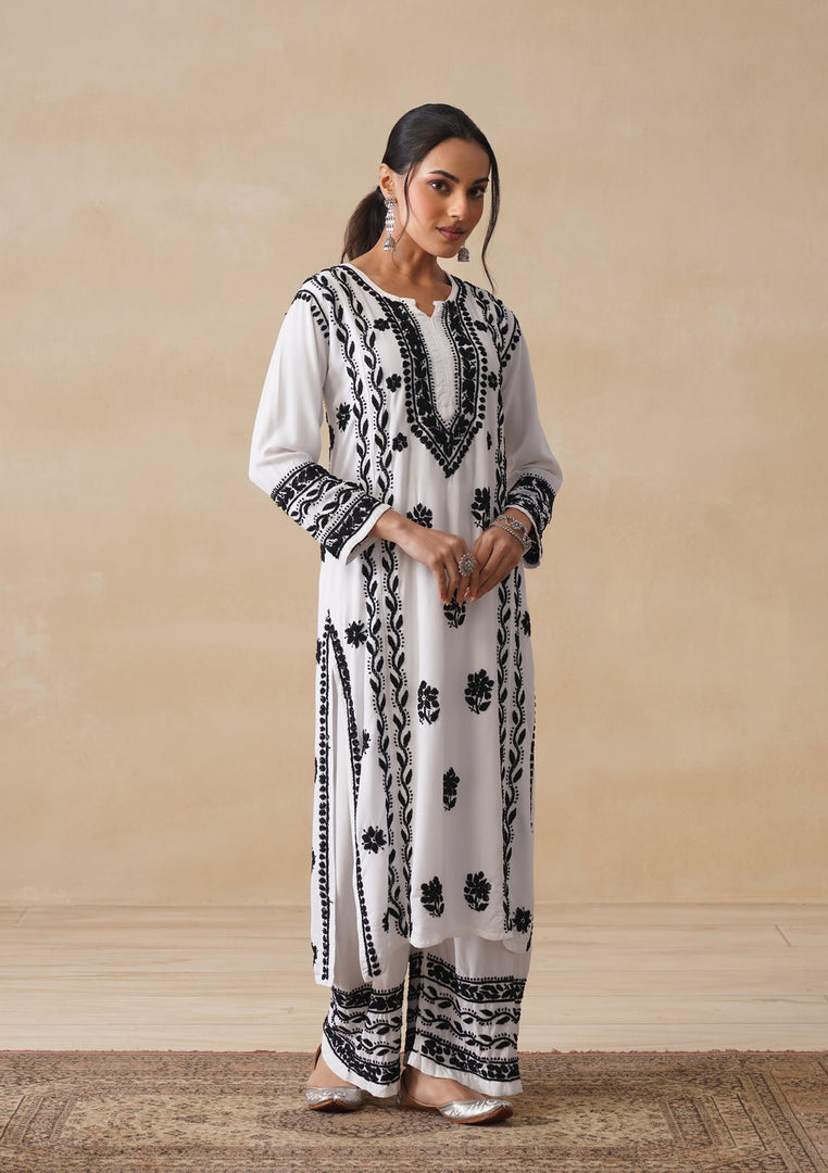 Soorma Rayon Black & White Kurti Set - The Lucknowi Chikan 
