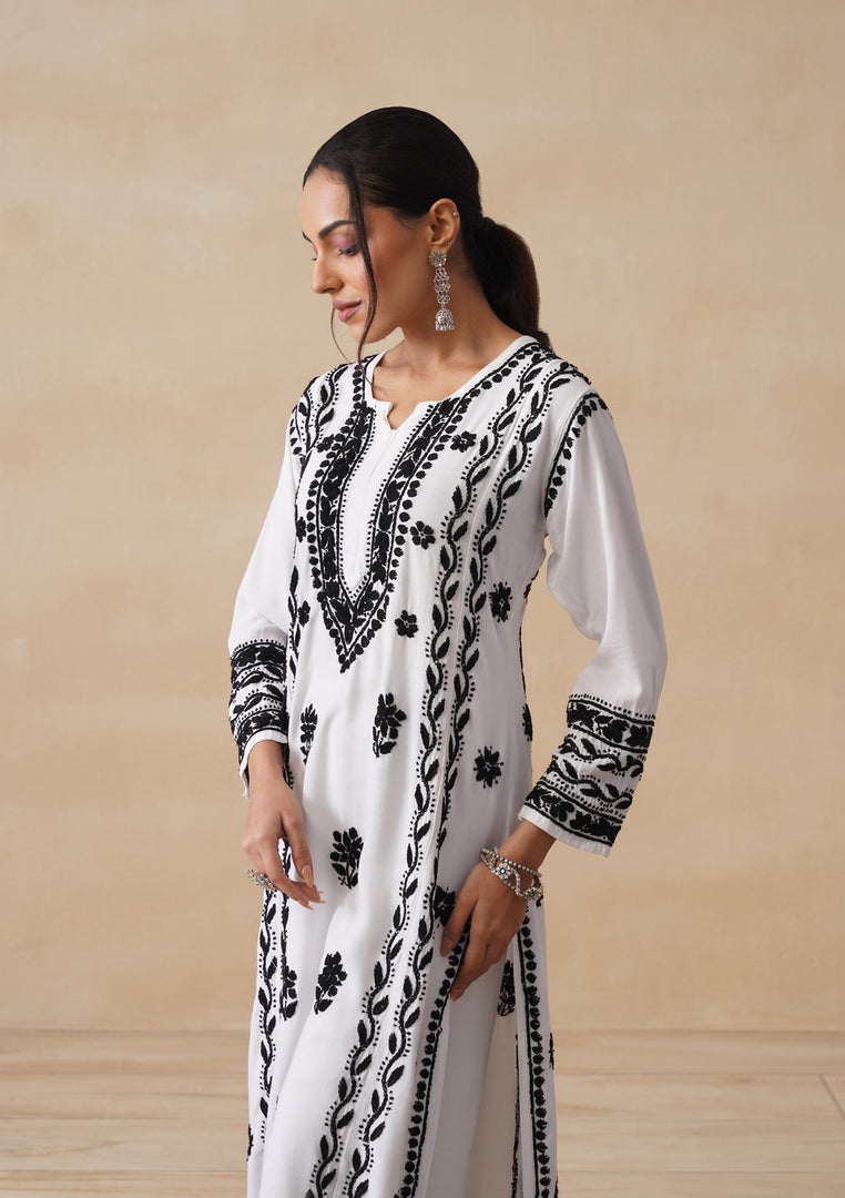 Soorma Rayon Black & White Kurti Set - The Lucknowi Chikan 