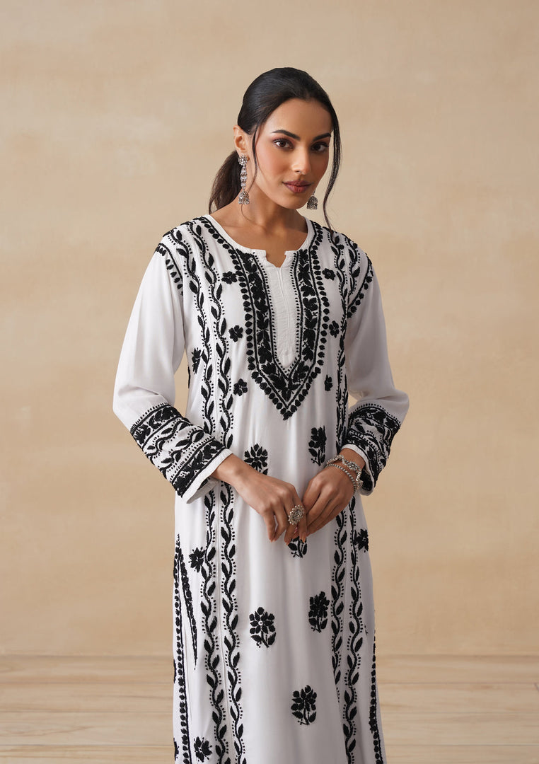 Soorma Rayon Black & White Kurti Set - The Lucknowi Chikan 