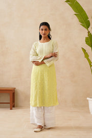 Suhana Ombre Chikankari Viscose Long Kurta Lemon Yellow