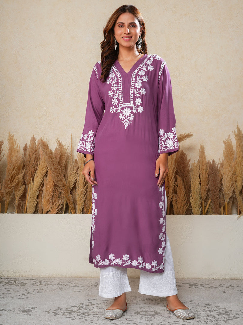 Haseena Rayon Chikankari Kurti Plum