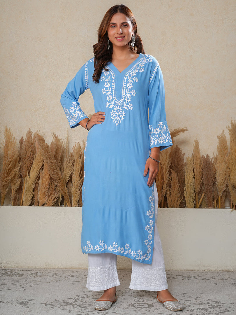 Haseena Rayon Chikankari Kurti Jordy Blue