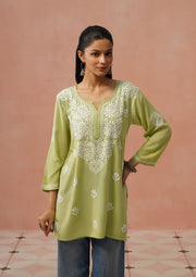 Jiva Rayon Short Chikankari Kurti Teal-Green