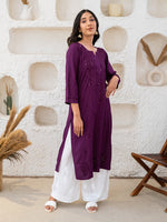 Load image into Gallery viewer, Ulfat Rayon Chikankari &amp; Mukaish Straight Kurti Purple
