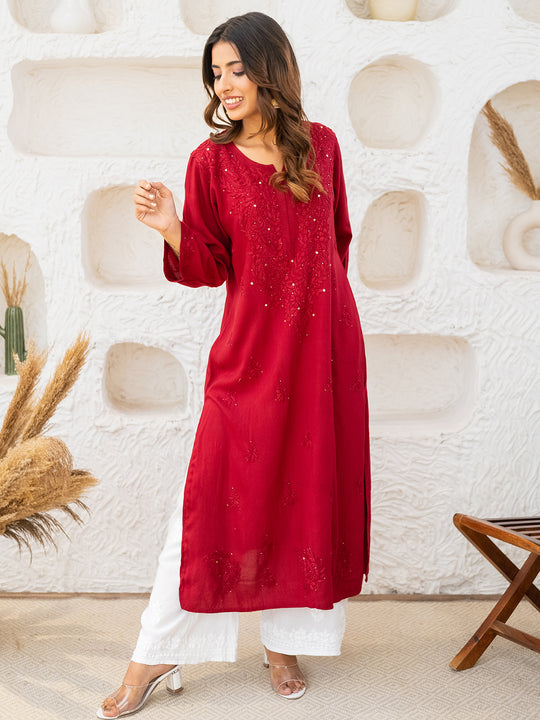 Ulfat Rayon Chikankari & Mukaish Straight Kurti Maroon