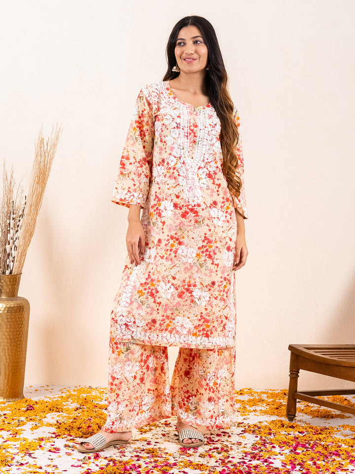 Maira Floral Chikankari Mulmul Co-ord Sets Peach