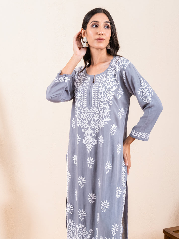 Grey chikankari kurta & pants - set of two by Half Full Half Empty