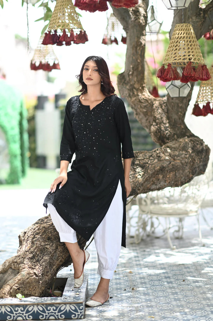 Ulfat Rayon Mukaish Chikankari Kurti- Black