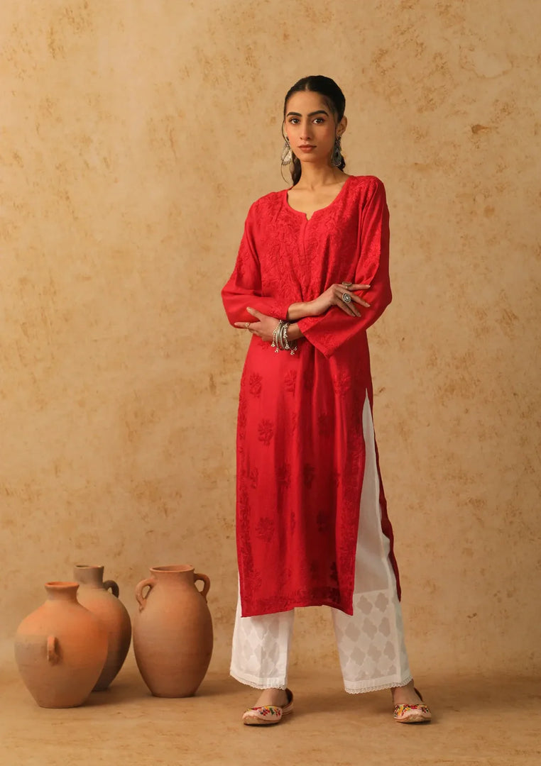 Jharna Chanderi Premium Chikankari Kurti - The Lucknowi Chikan 