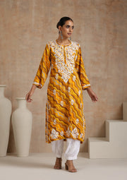 Dhani Rayon Lahariya Chikankari Kurti Mustard-Yellow