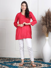 Nalli Dobby Chikankari Short Kurti Tomato Red