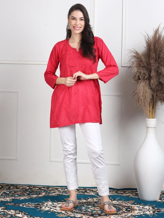 Nalli Dobby Chikankari Short Kurti Tomato Red