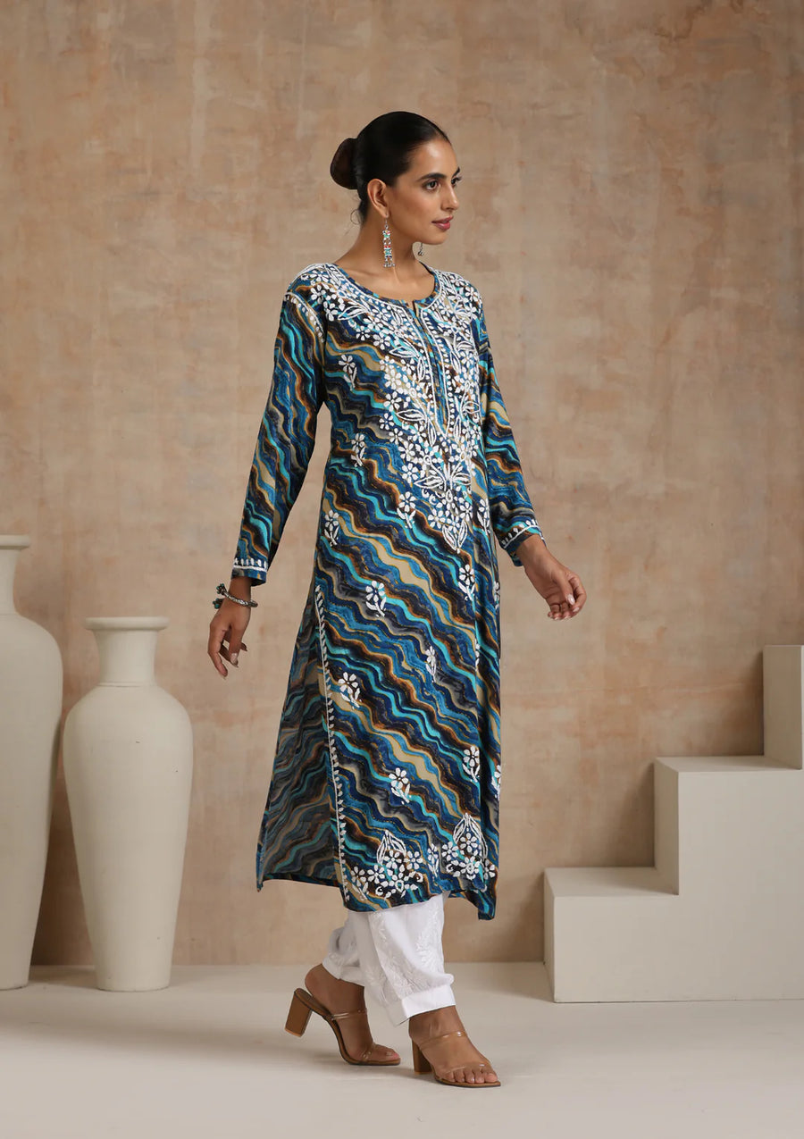 Dhani Rayon Lahariya Chikankari Kurti