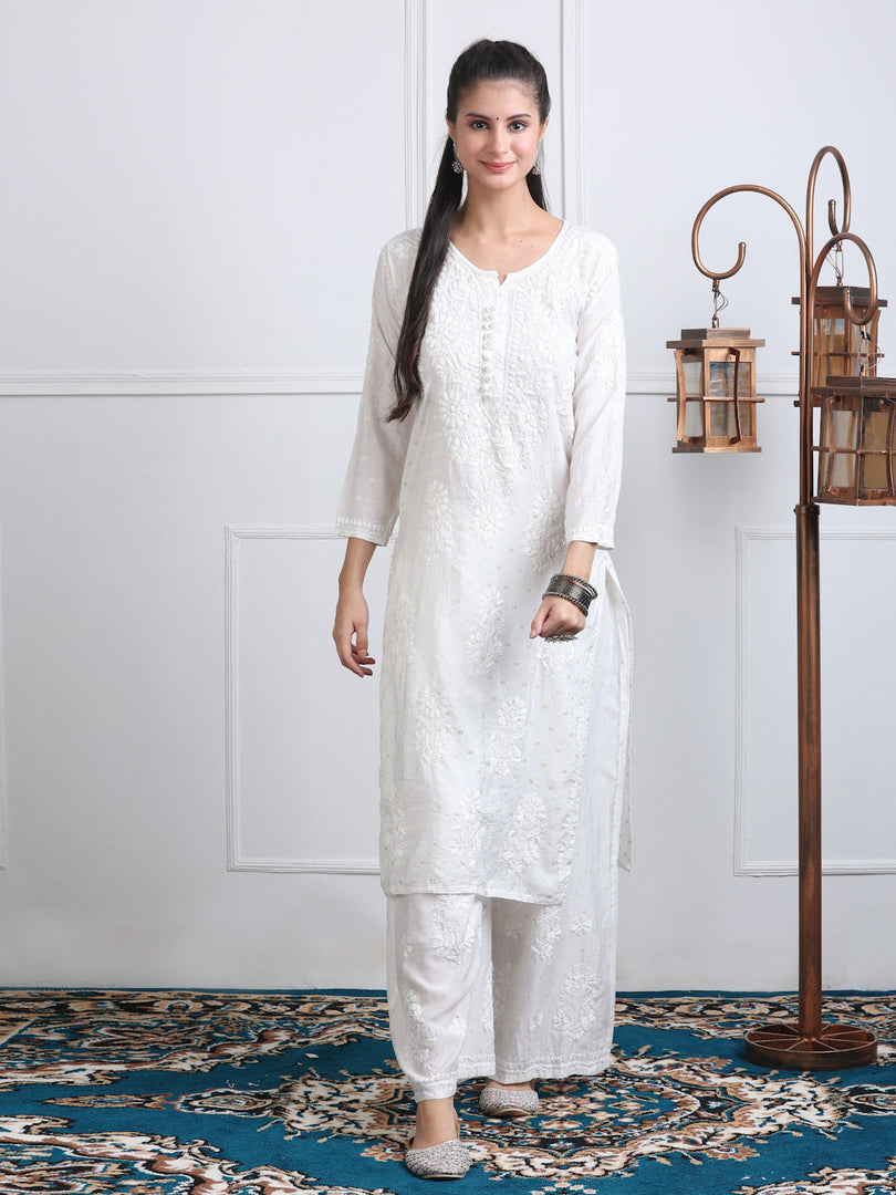 Sona Chanderi Chikan Kurti Set White