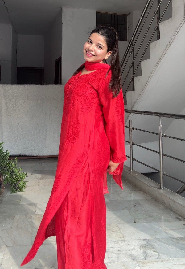 Polki Chanderi Chikankari Suit Set