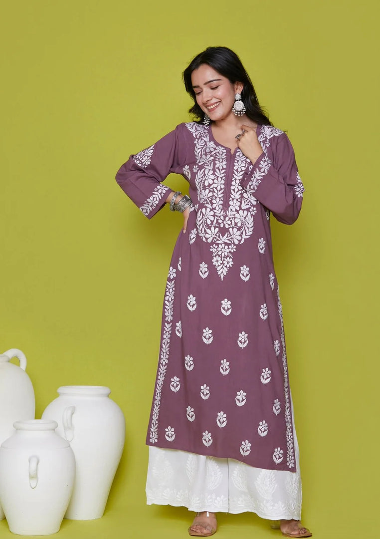 Heer Rayon Long Chikankari Kurti Plum
