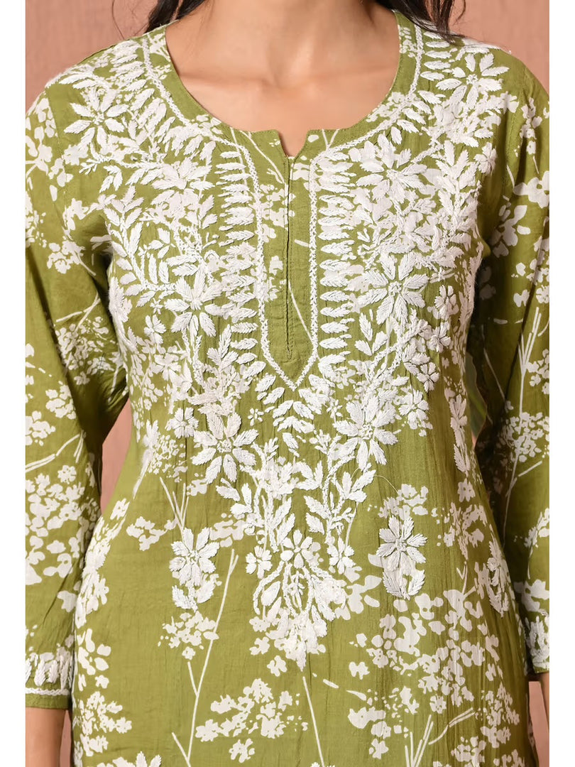 Aadat Mulmul Straight Chikankari Kurti