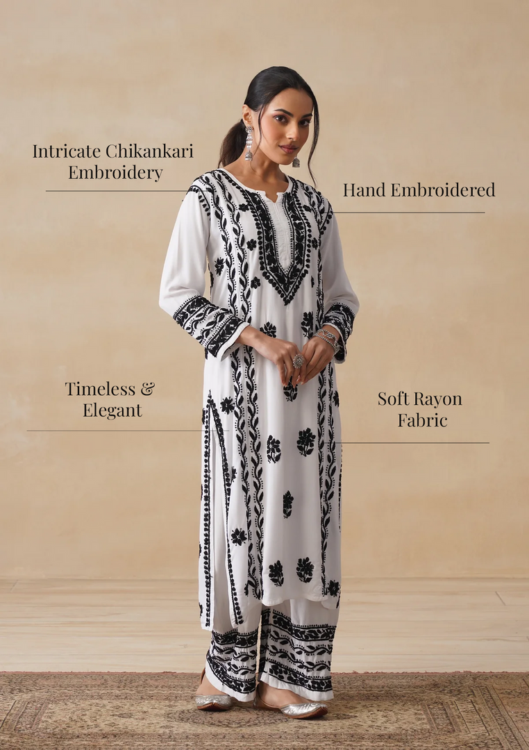 Soorma Rayon Black & White Kurti Set - The Lucknowi Chikan 