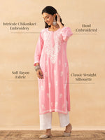 Load image into Gallery viewer, Isha Rayon Cotton Chikankari Kurti- Baby Pink - The Lucknowi Chikan 