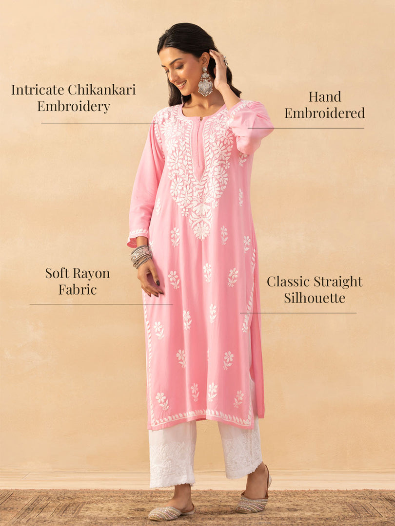 Isha Rayon Cotton Chikankari Kurti- Baby Pink - The Lucknowi Chikan 