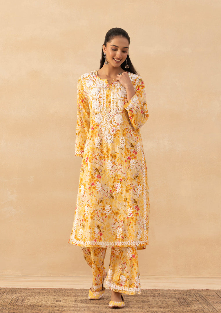 Ruhaab Mulmul Chikankari Kurti Pallazo Set Yellow