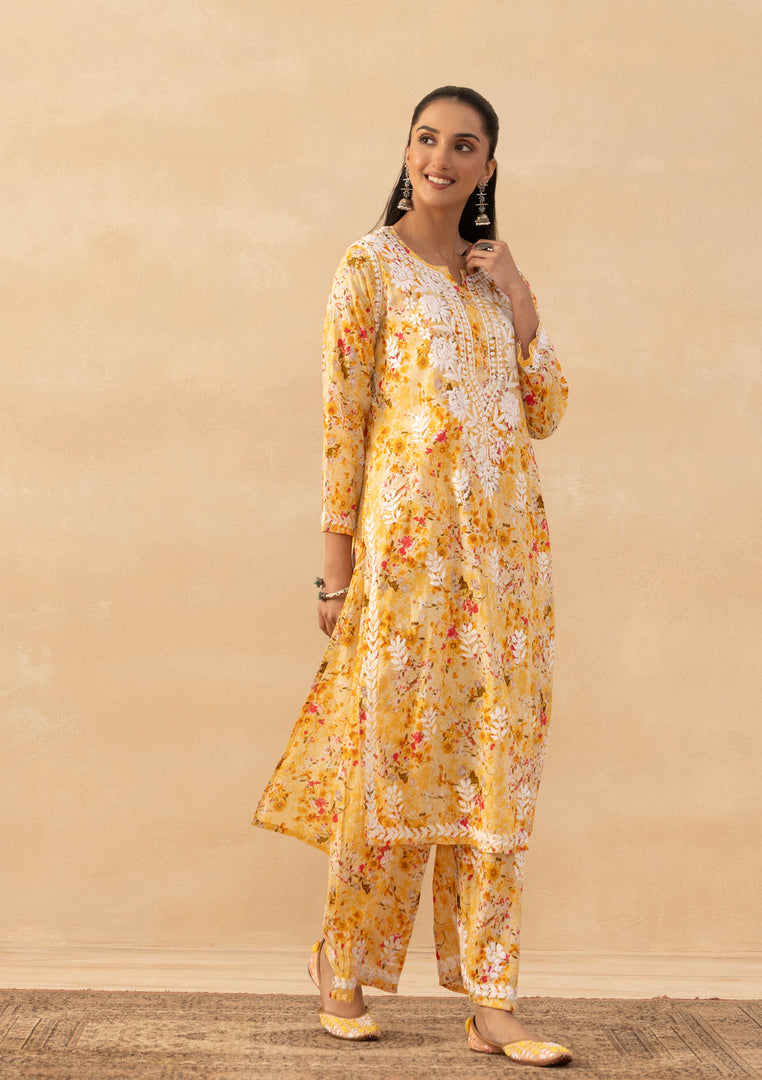 Ruhaab Mulmul Chikankari Kurti Pallazo Set