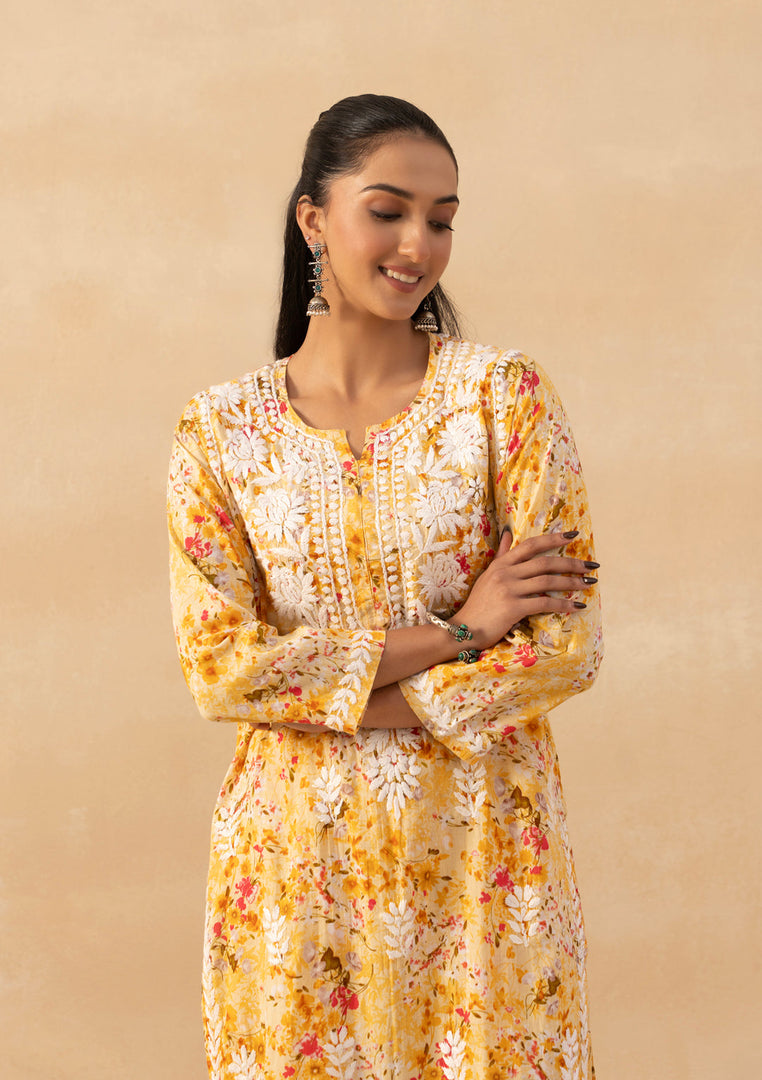 Ruhaab Mulmul Chikankari Kurti Pallazo Set