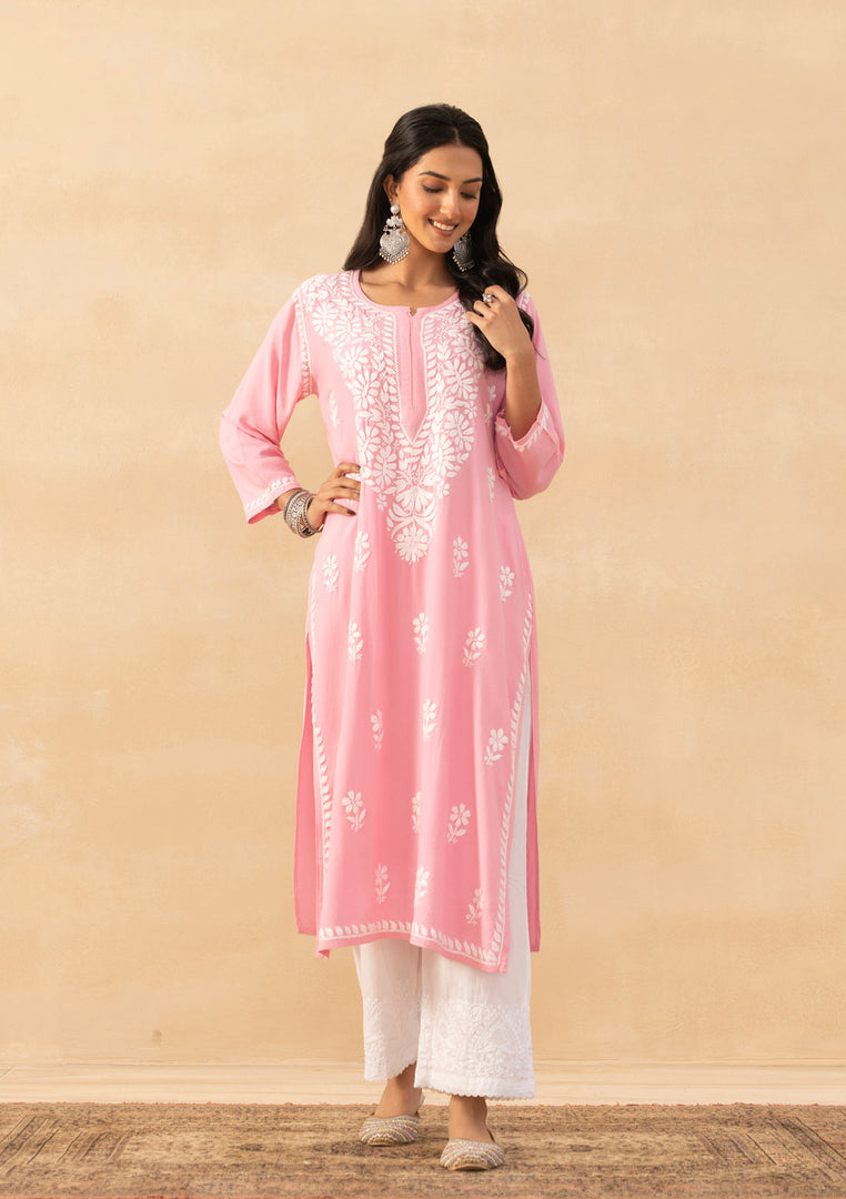 Isha Rayon Cotton Chikankari Kurti- Baby Pink - The Lucknowi Chikan 