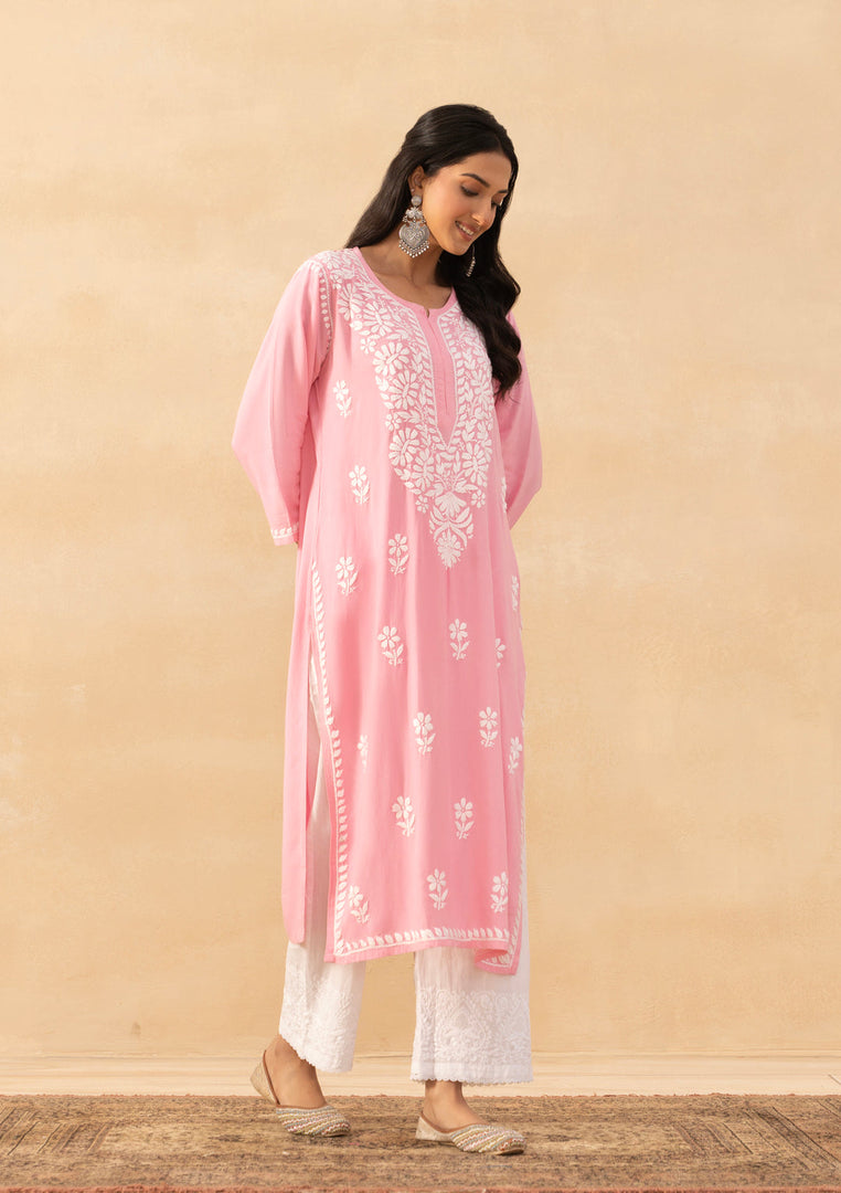 Isha Rayon Cotton Chikankari Kurti- Baby Pink - The Lucknowi Chikan 