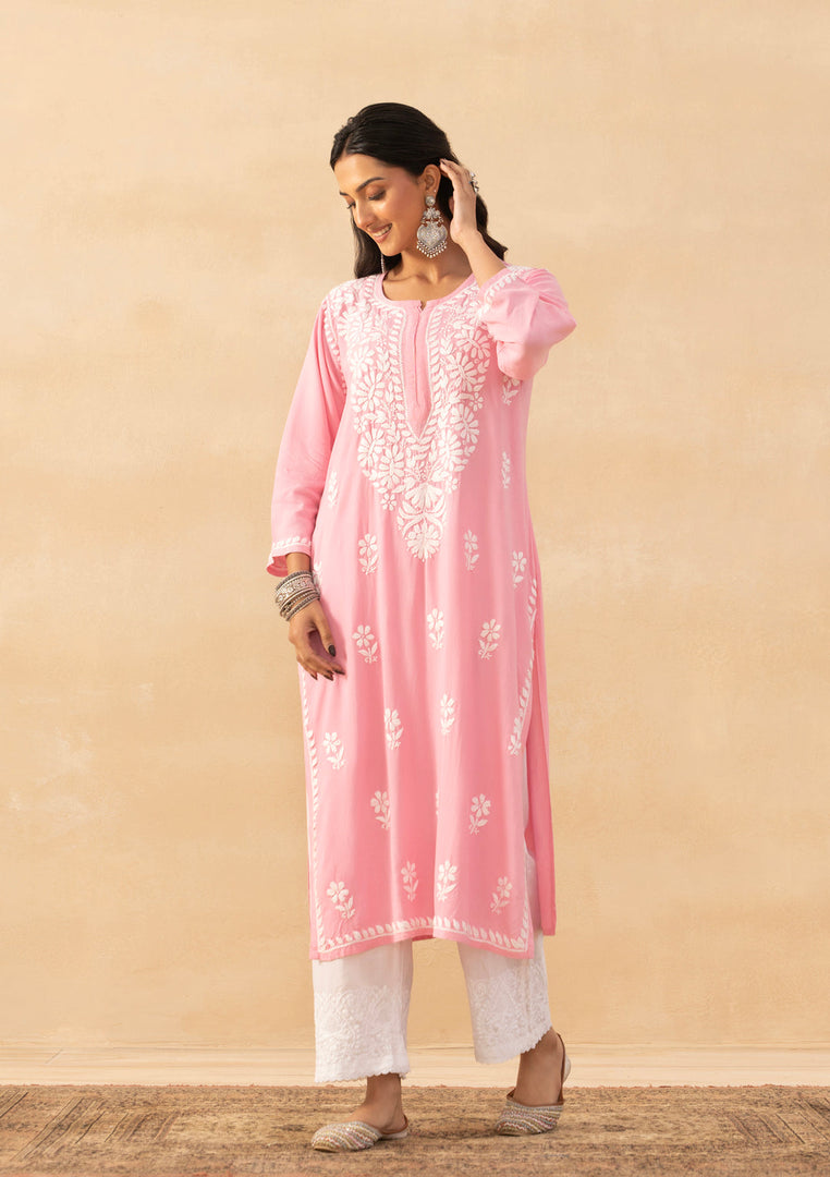 Isha Rayon Cotton Chikankari Kurti- Baby Pink - The Lucknowi Chikan 