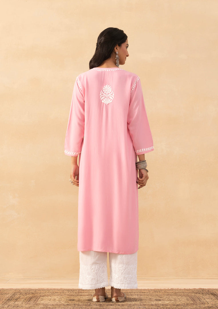 Isha Rayon Cotton Chikankari Kurti- Baby Pink - The Lucknowi Chikan 