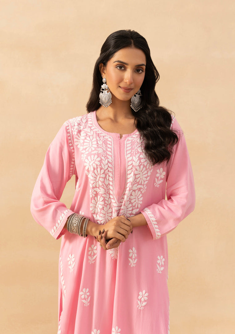 Isha Rayon Cotton Chikankari Kurti- Baby Pink - The Lucknowi Chikan 