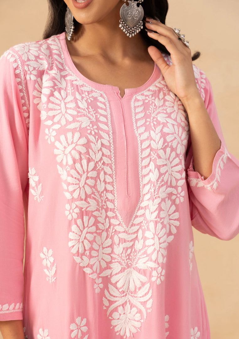 Isha Rayon Cotton Chikankari Kurti- Baby Pink - The Lucknowi Chikan 