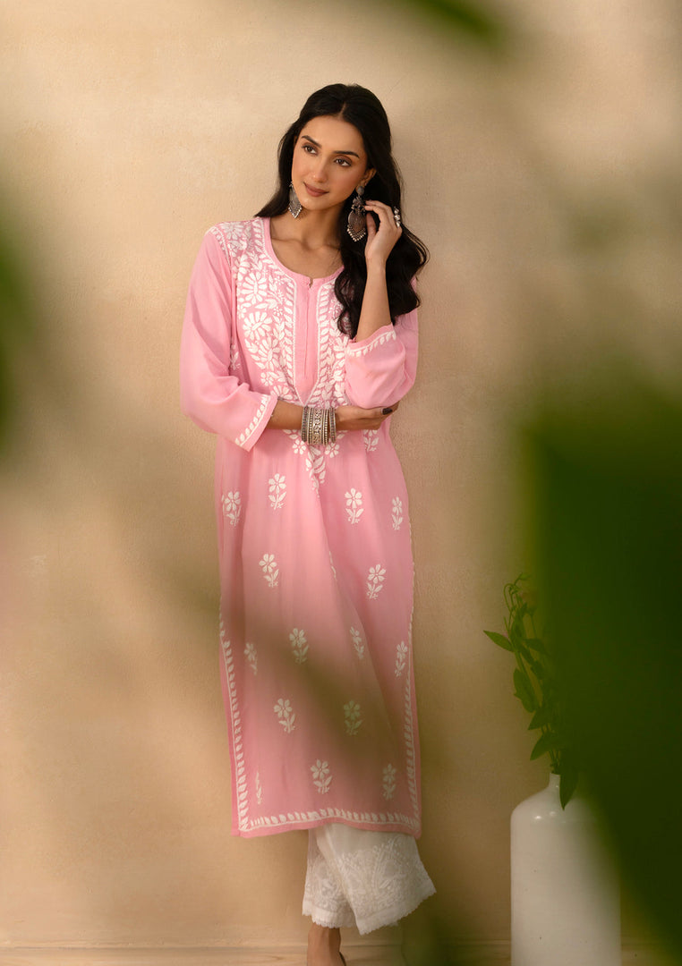 Isha Rayon Cotton Chikankari Kurti- Baby Pink - The Lucknowi Chikan 