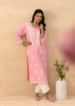 Load image into Gallery viewer, Isha Rayon Cotton Chikankari Kurti- Baby Pink - The Lucknowi Chikan 