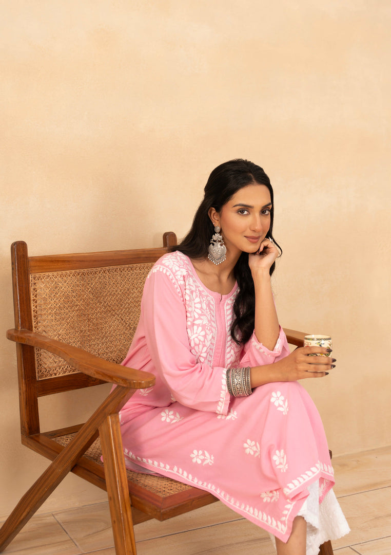 Isha Rayon Cotton Chikankari Kurti- Baby Pink - The Lucknowi Chikan 